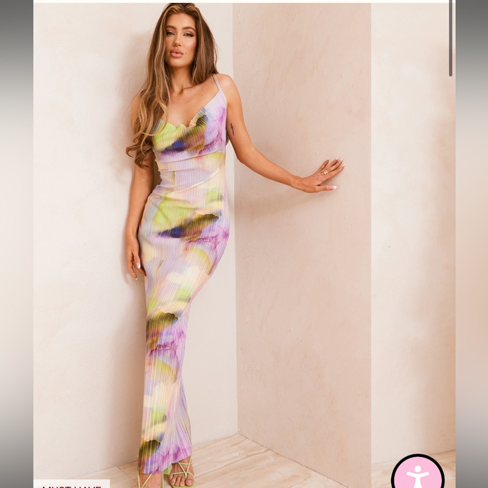 PrettyLittleThing Multi Watercolour Plisse Strappy Maxi Dress